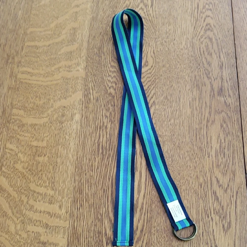 Striped Navy, Teal & Aqua Fabric Belt with D-Ring